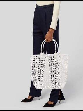 Tory Burch Off White Laser-Cut Tote Bag with Double Handles